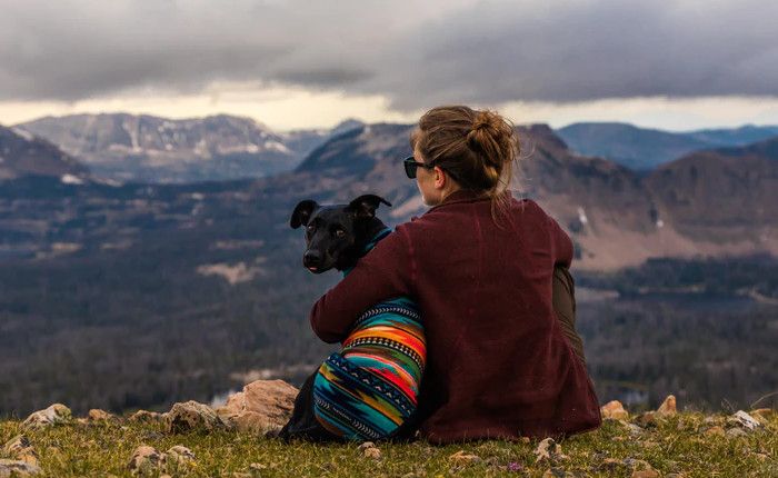 woman sitting near dog on cliff overlooking mountains